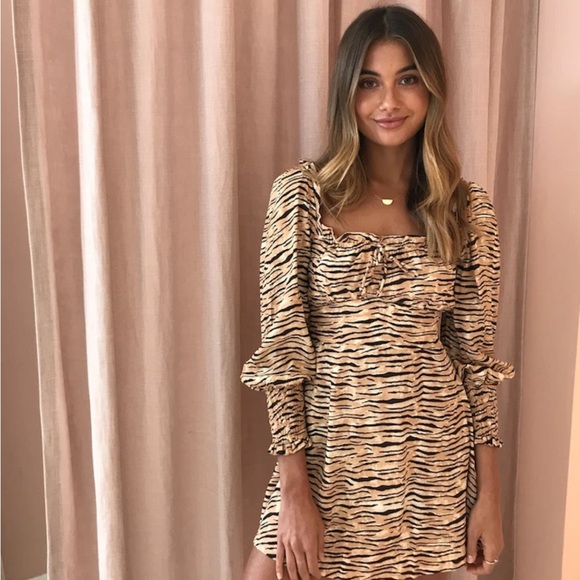 Faithfull The Brand Womens Animal Print Rayon Ira Mini Dress Brown Tan Medium - Picture 1 of 16